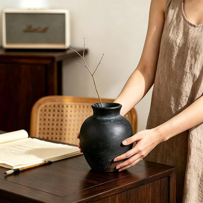 Vintage Ceramic Vase 15.5cm – Rustic Black Distressed Finish